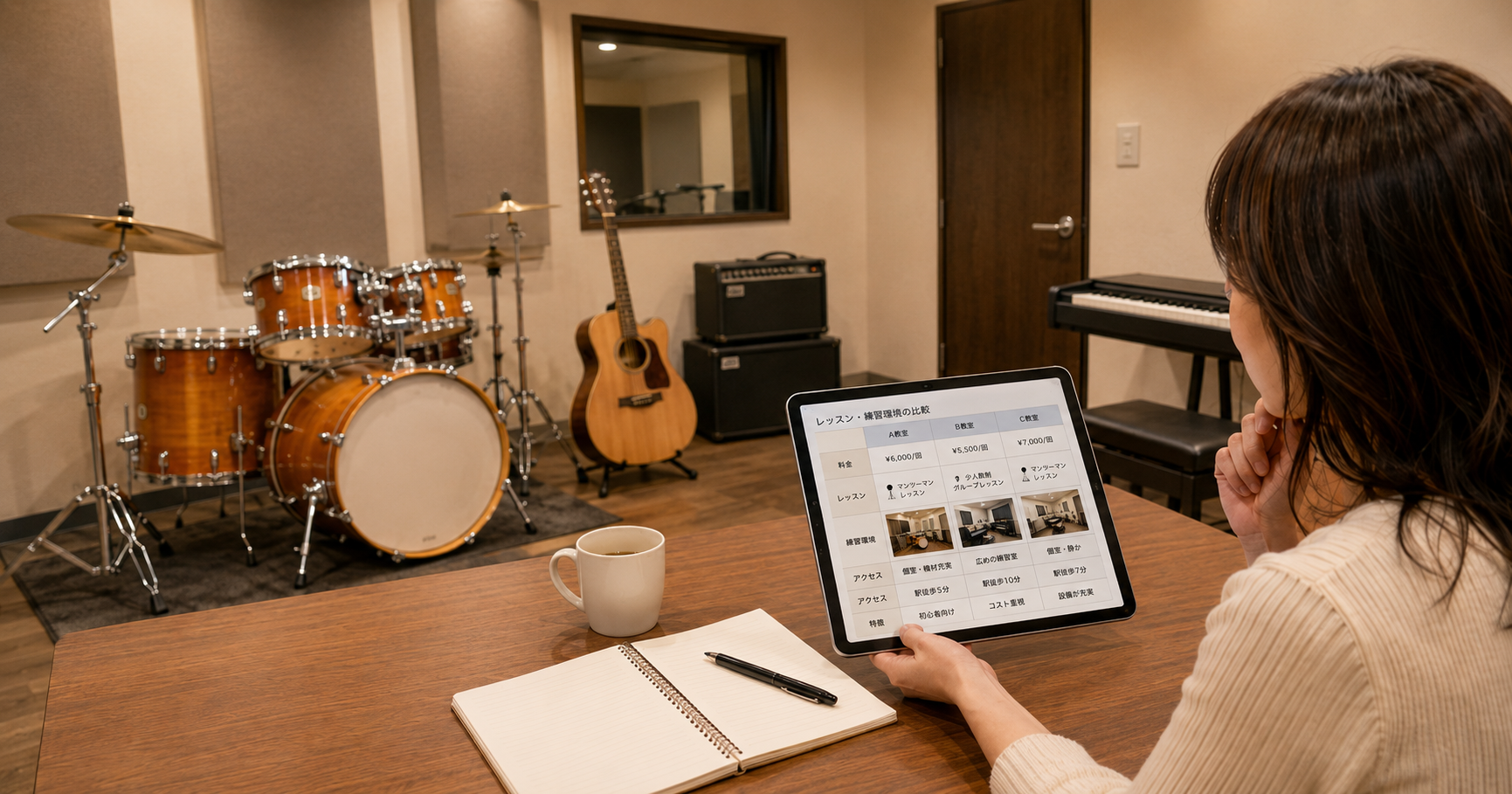 複数の楽器と仲間に囲まれ、音楽の新しい可能性に触れるSGMのイメージ