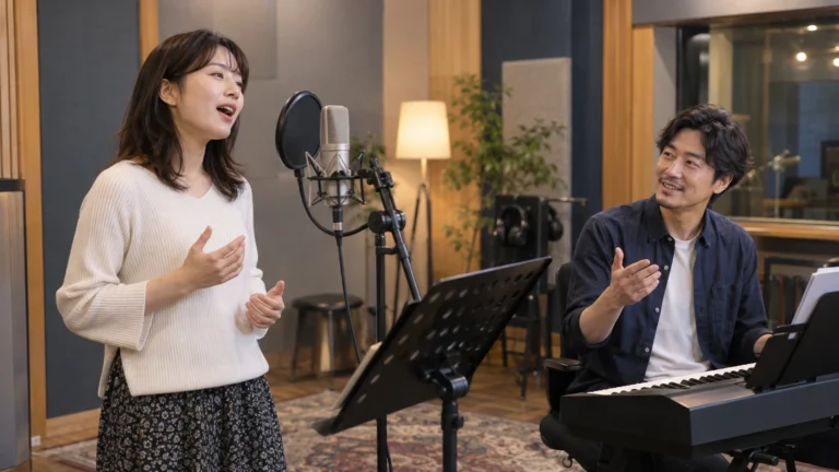 音楽スタジオで講師の指導を受けながら歌うボイストレーニング受講者